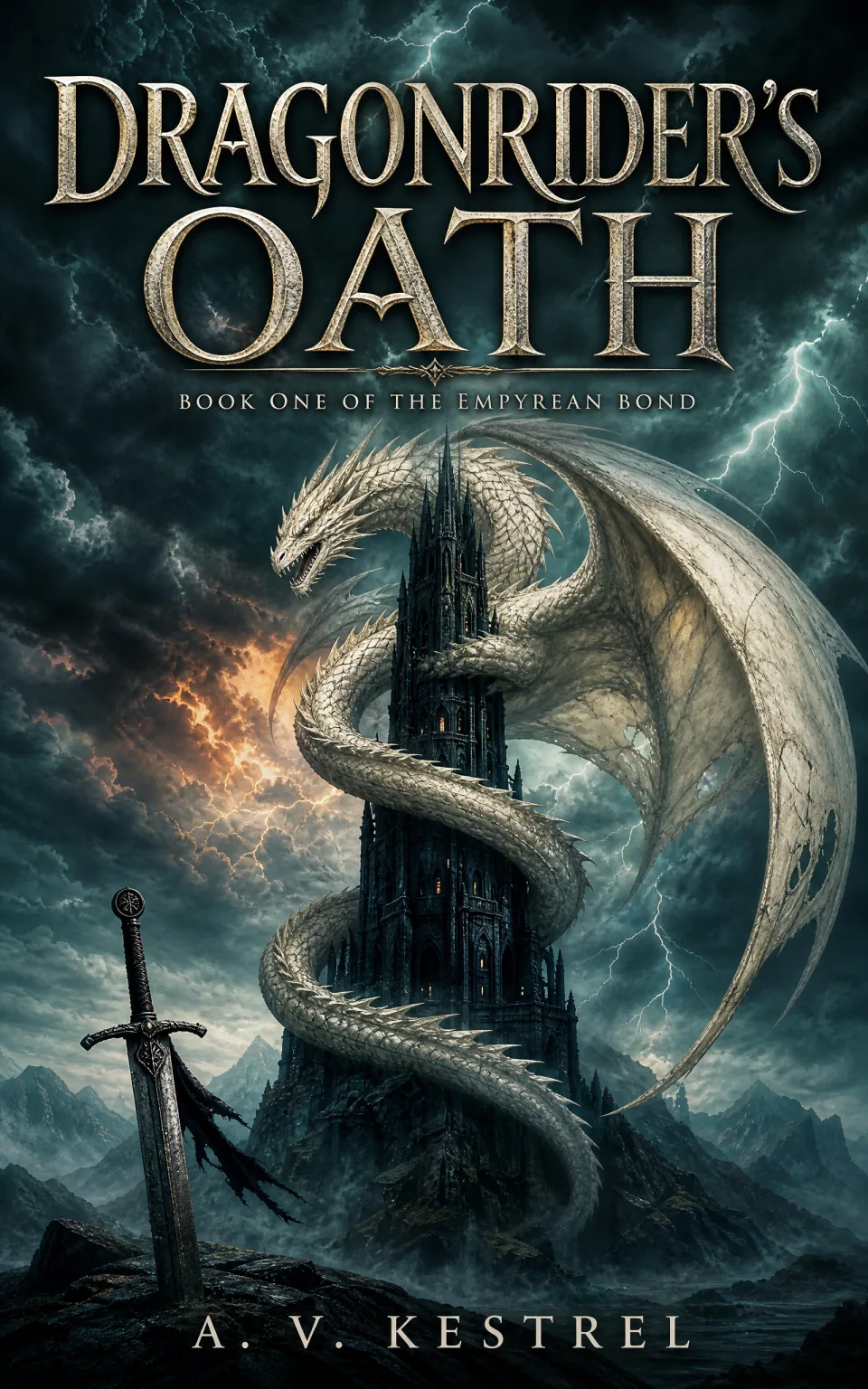 A bone-white dragon coiled around a black spired tower under a teal storm sky, a sword planted in the rocks below.