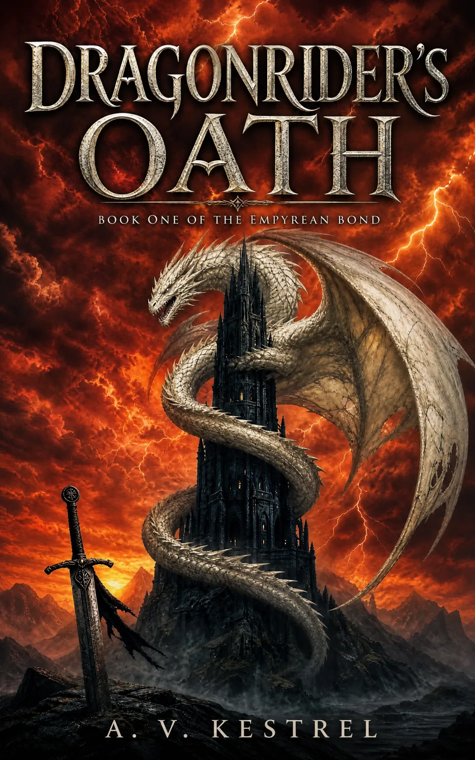 The same bone-white dragon and black tower against a burning red-orange sky, a sword planted below.