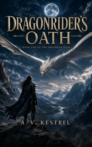 Dragonrider’s Oath — Alternative direction. A lone armoured rider on a high ridge faces a bone-white dragon crossing a moonlit mountain valley.