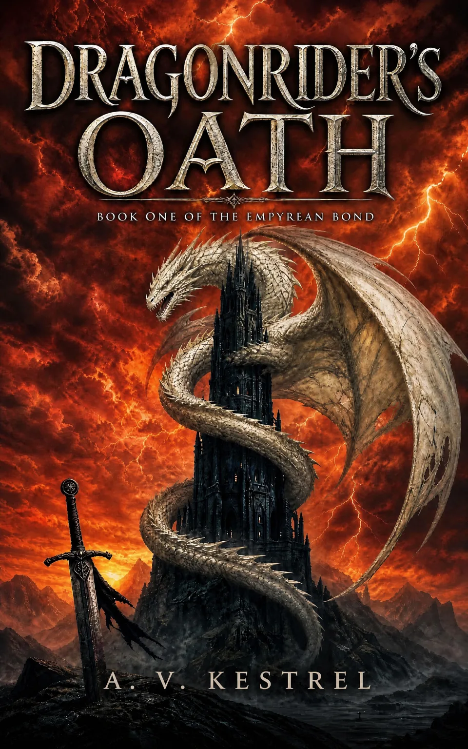 The exported front cover — The bone-white dragon and black tower against a burning red sky, the author name clear above a band of dark rock