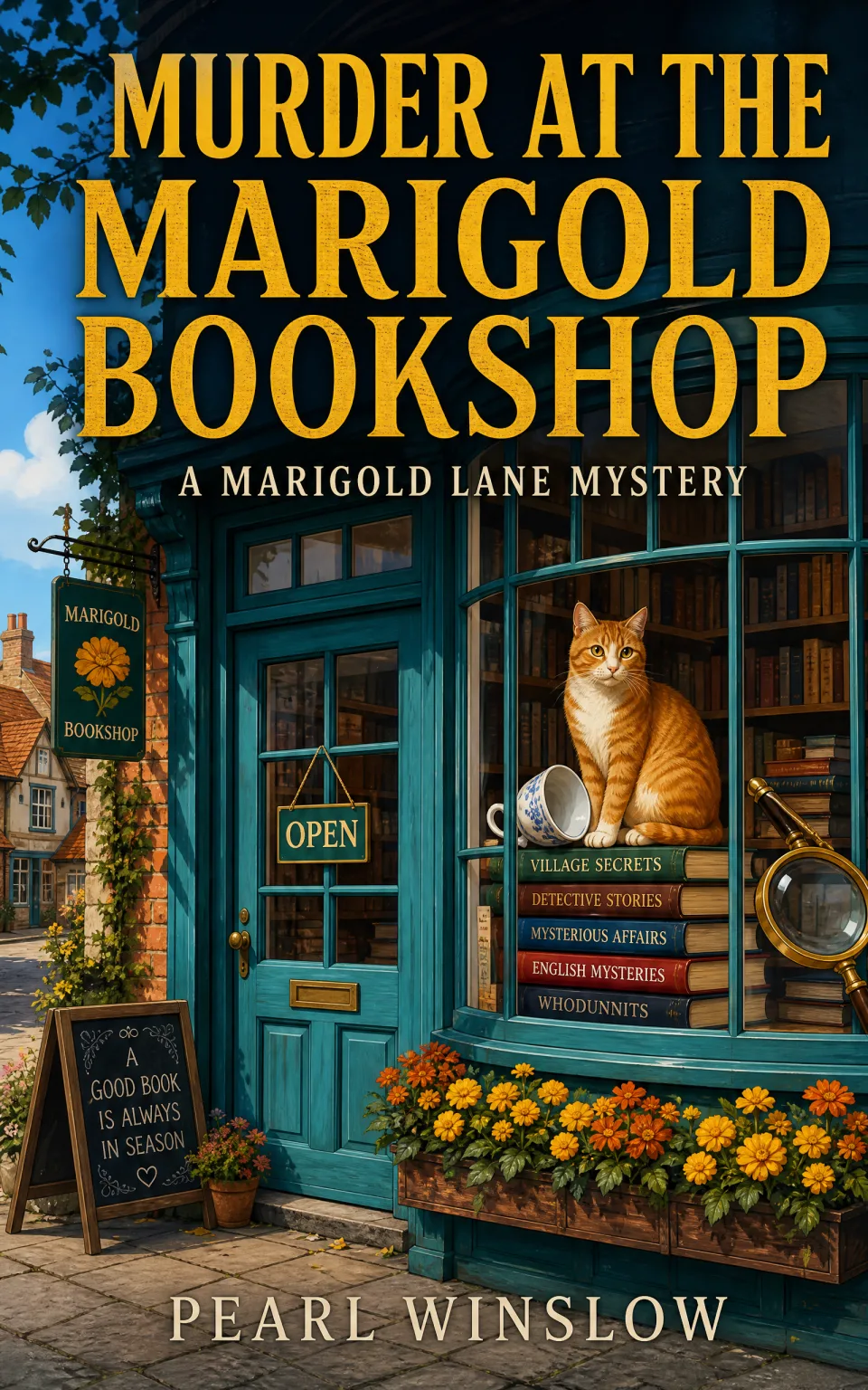 Murder at the Marigold Bookshop — a cozy mystery cover