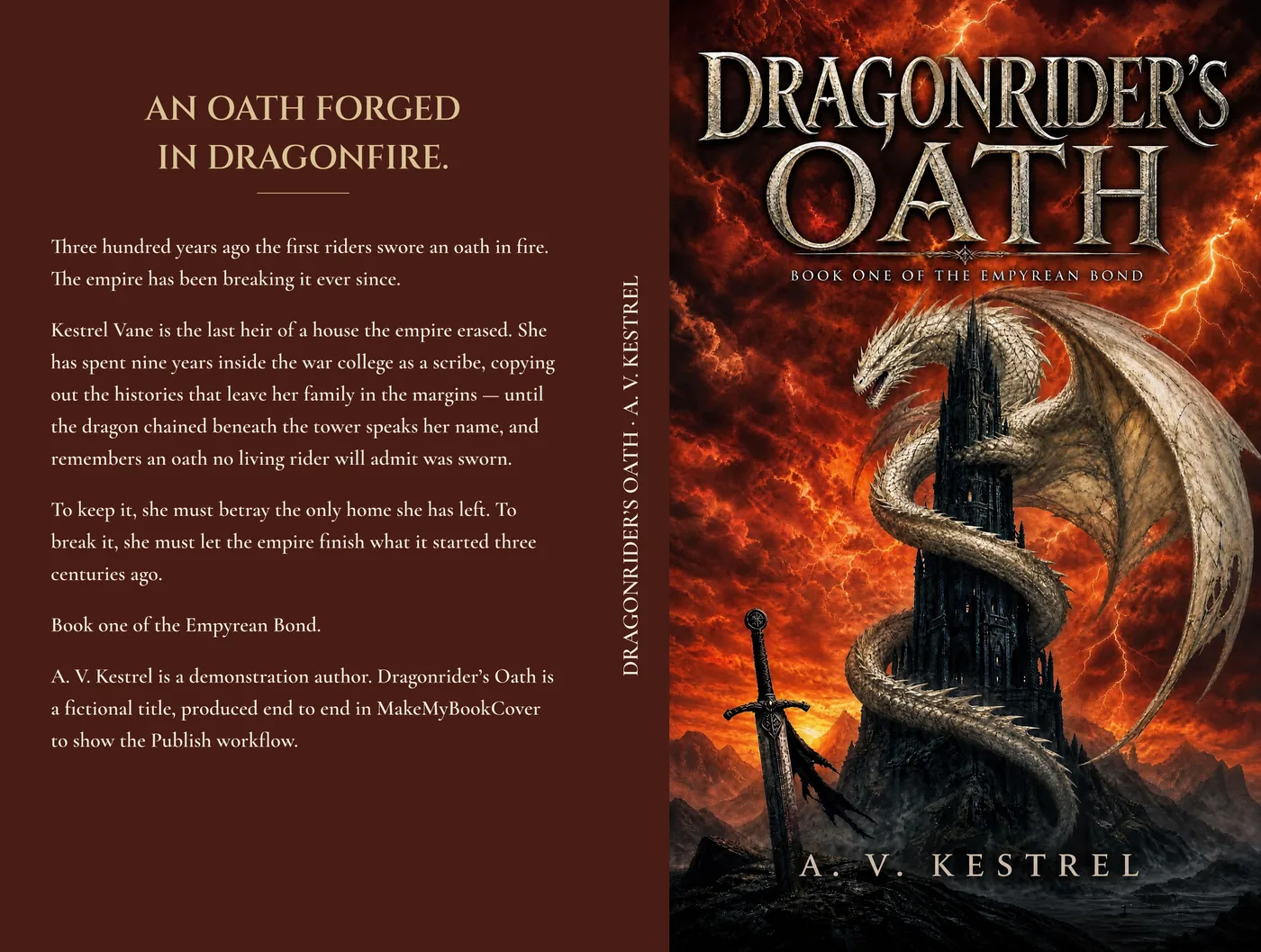 Paperback full wrap for the fictional title Dragonrider's Oath — back cover, spine and front cover on one sheet, the back panel a solid deep red carrying the headline and blurb