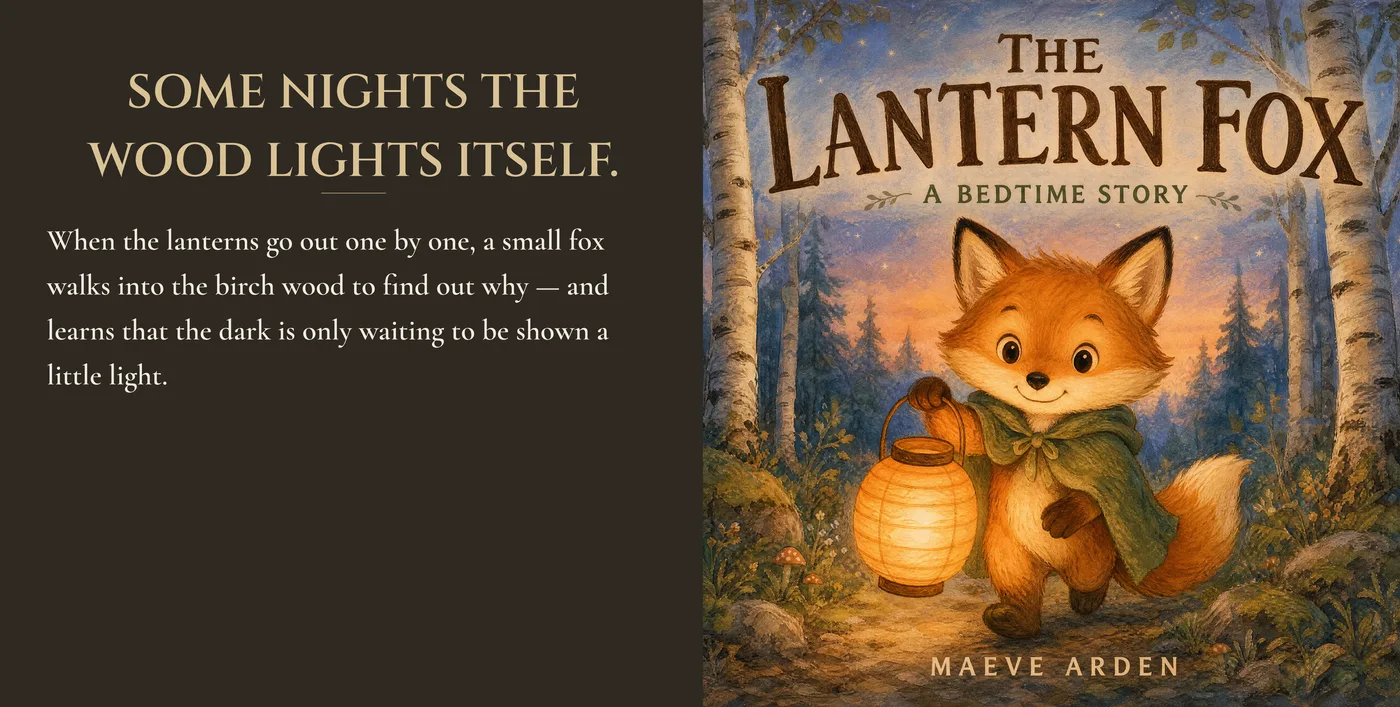 The Lantern Fox full paperback wrap — a single print file at 8.5 × 8.5 inches, the back panel a deep warm brown carrying the headline and blurb, a narrow blank spine, and the square cover on the right.