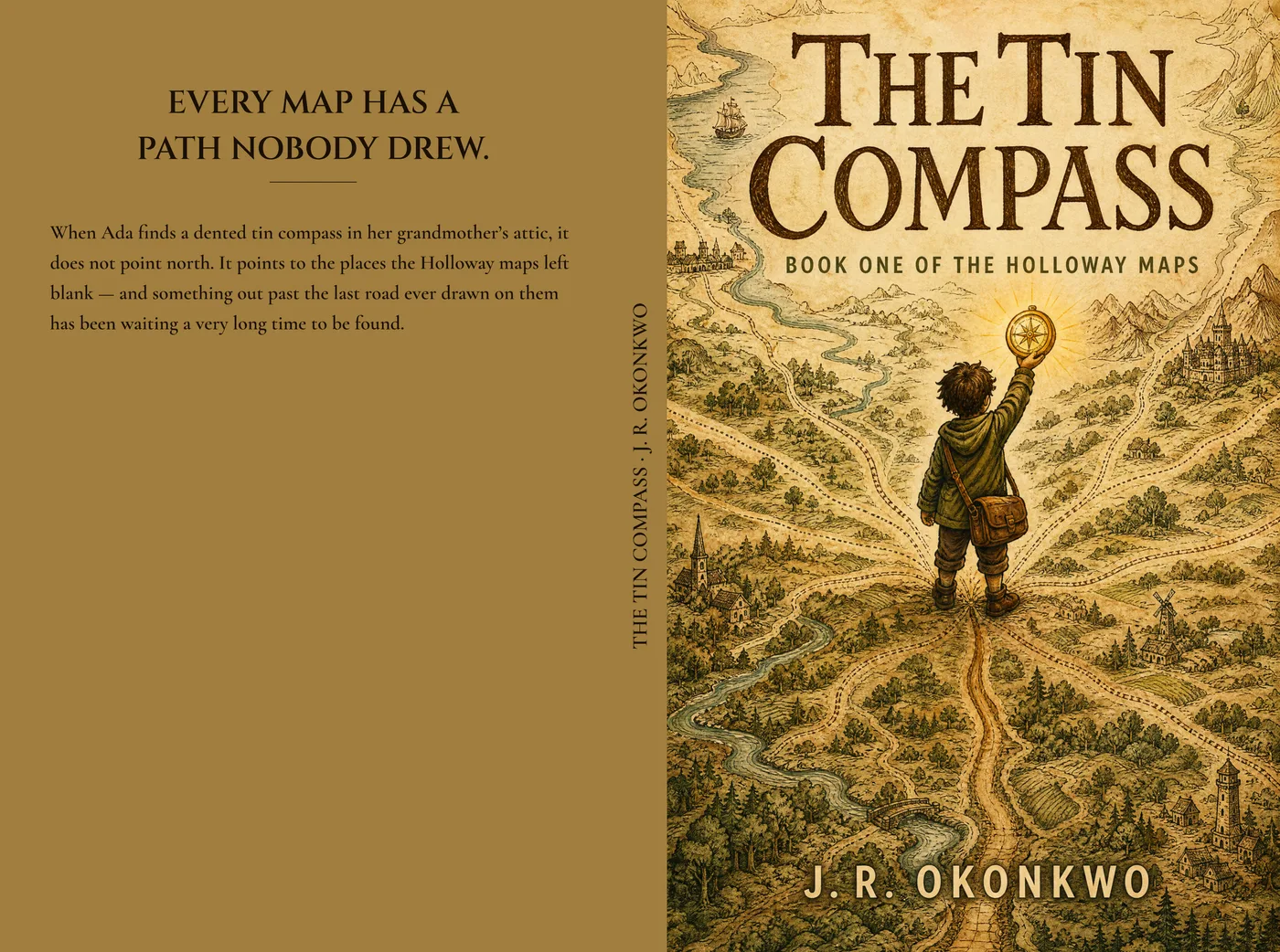 The Tin Compass paperback wrap — back cover, spine and front cover laid out as one print file at 5.5 × 8.5 inches. The back panel is a solid parchment ochre carrying the headline and blurb, the spine runs the title and author in dark ink, and the front is the hand-drawn map cover with the child at the centre.